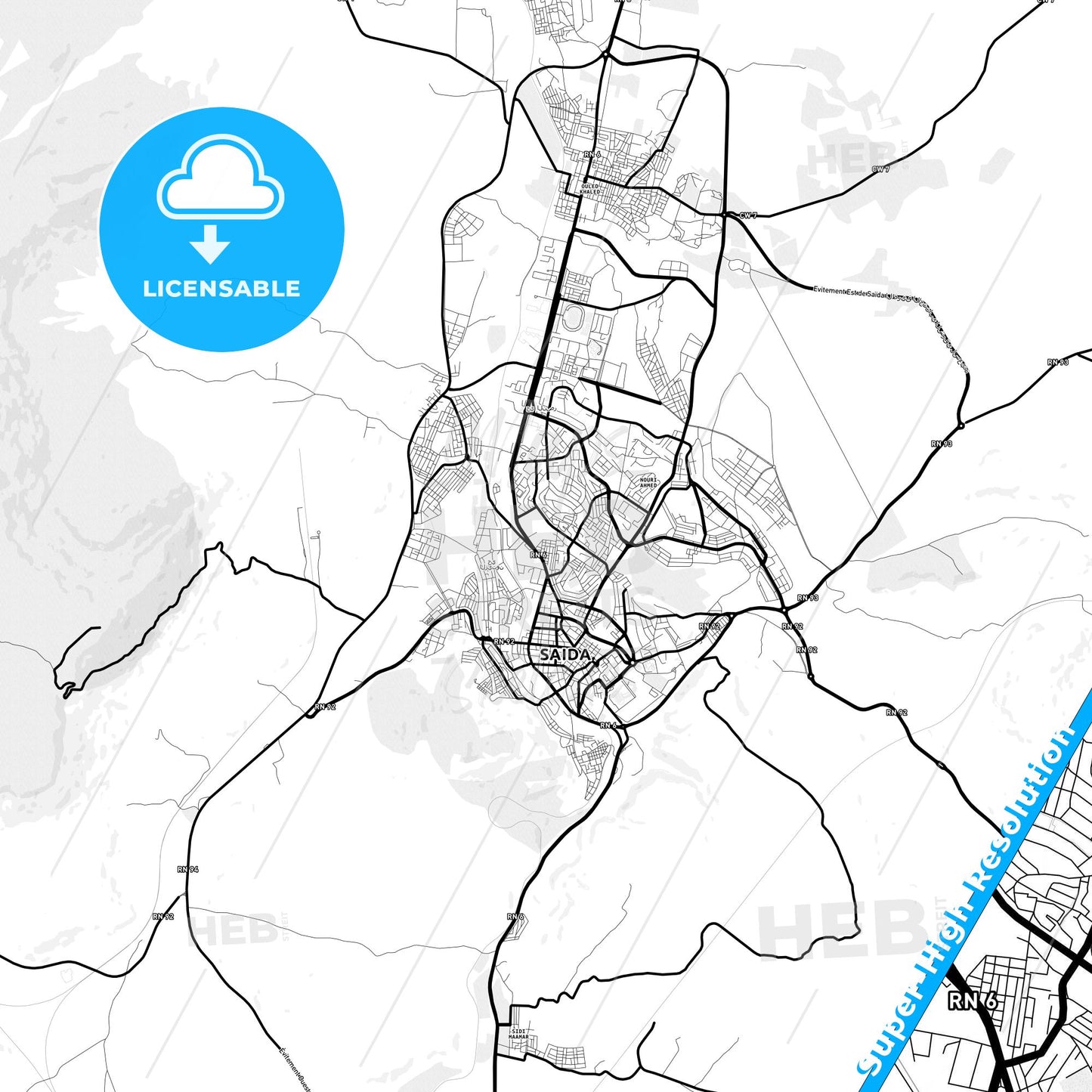 Saida, Algeria Light Map with Street Names, City Names, and Districts