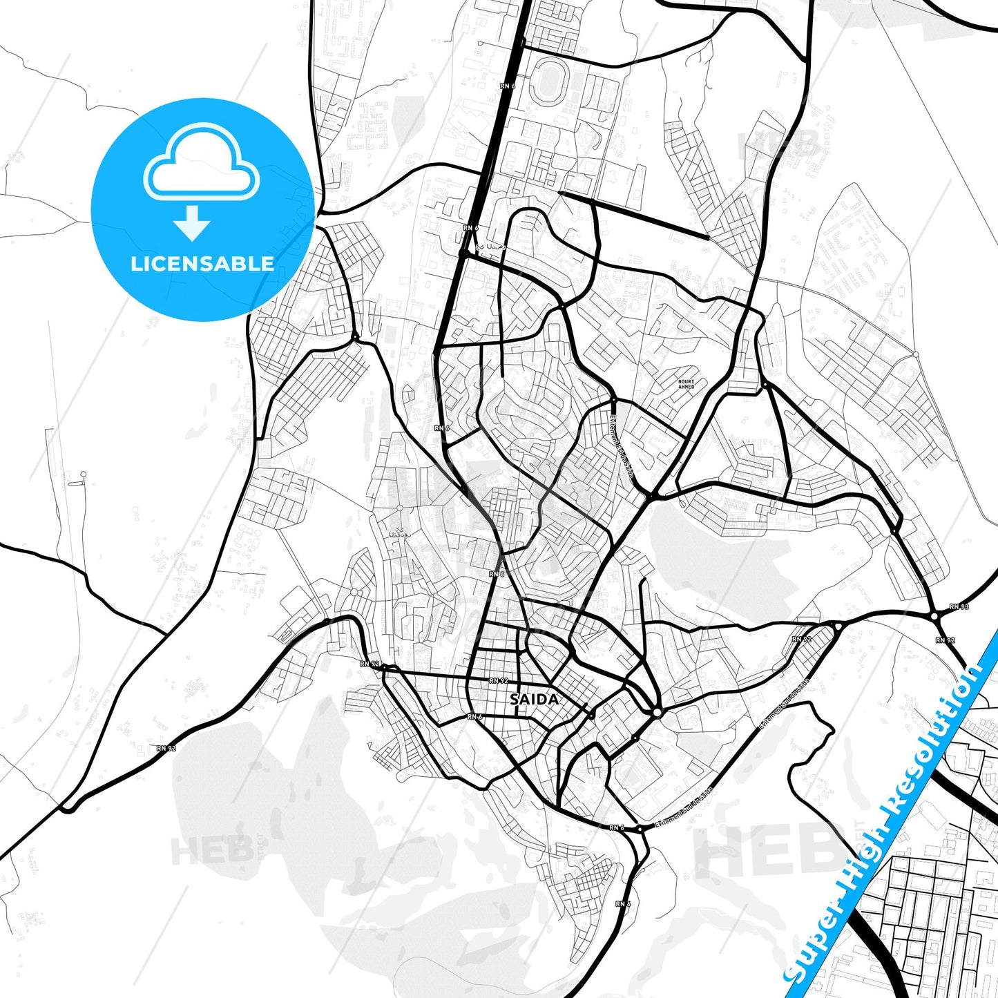 Saida, Algeria Light Map with Street Names, City Names, and Districts