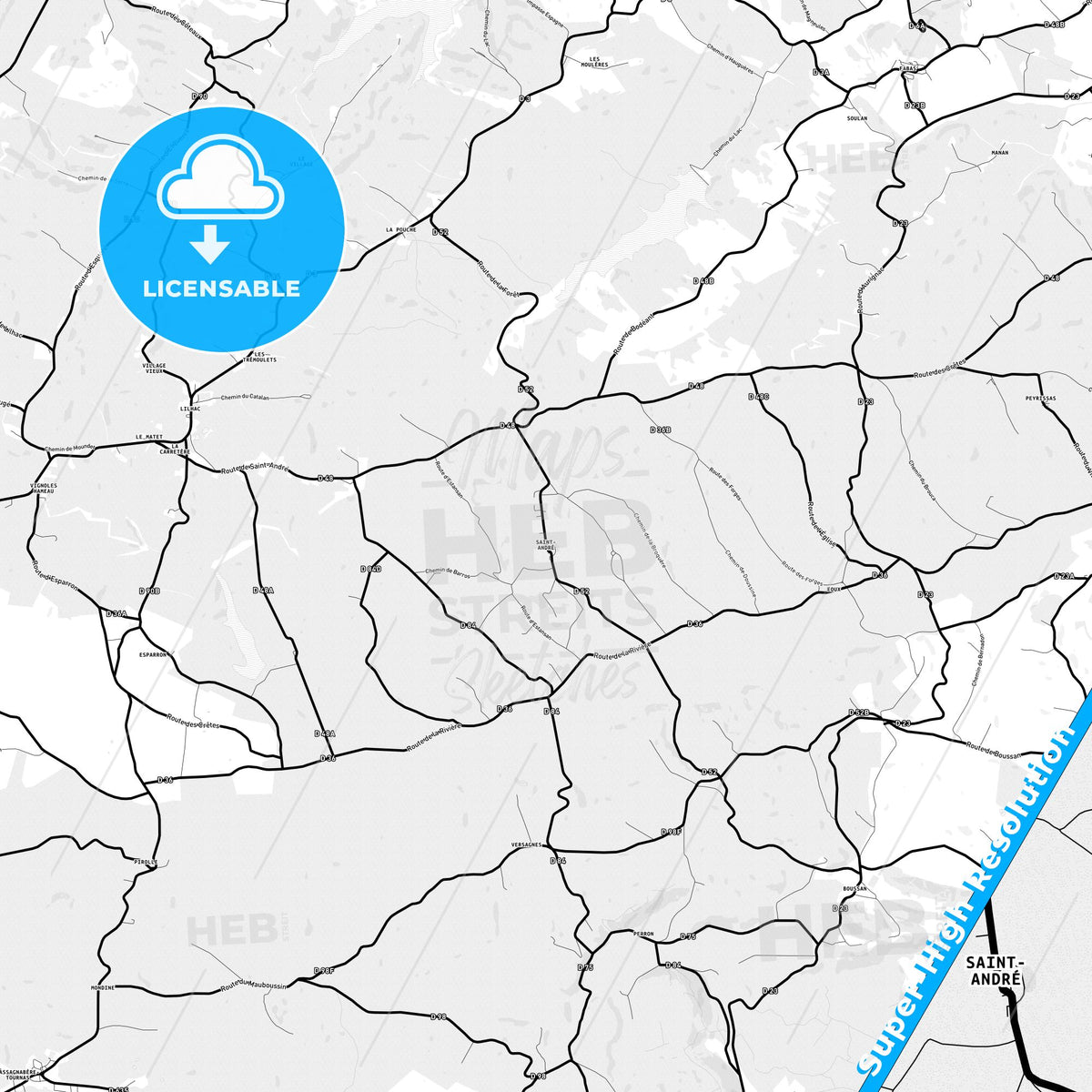 Saint-André, France Light Map with Street Names, City Names, and Districts