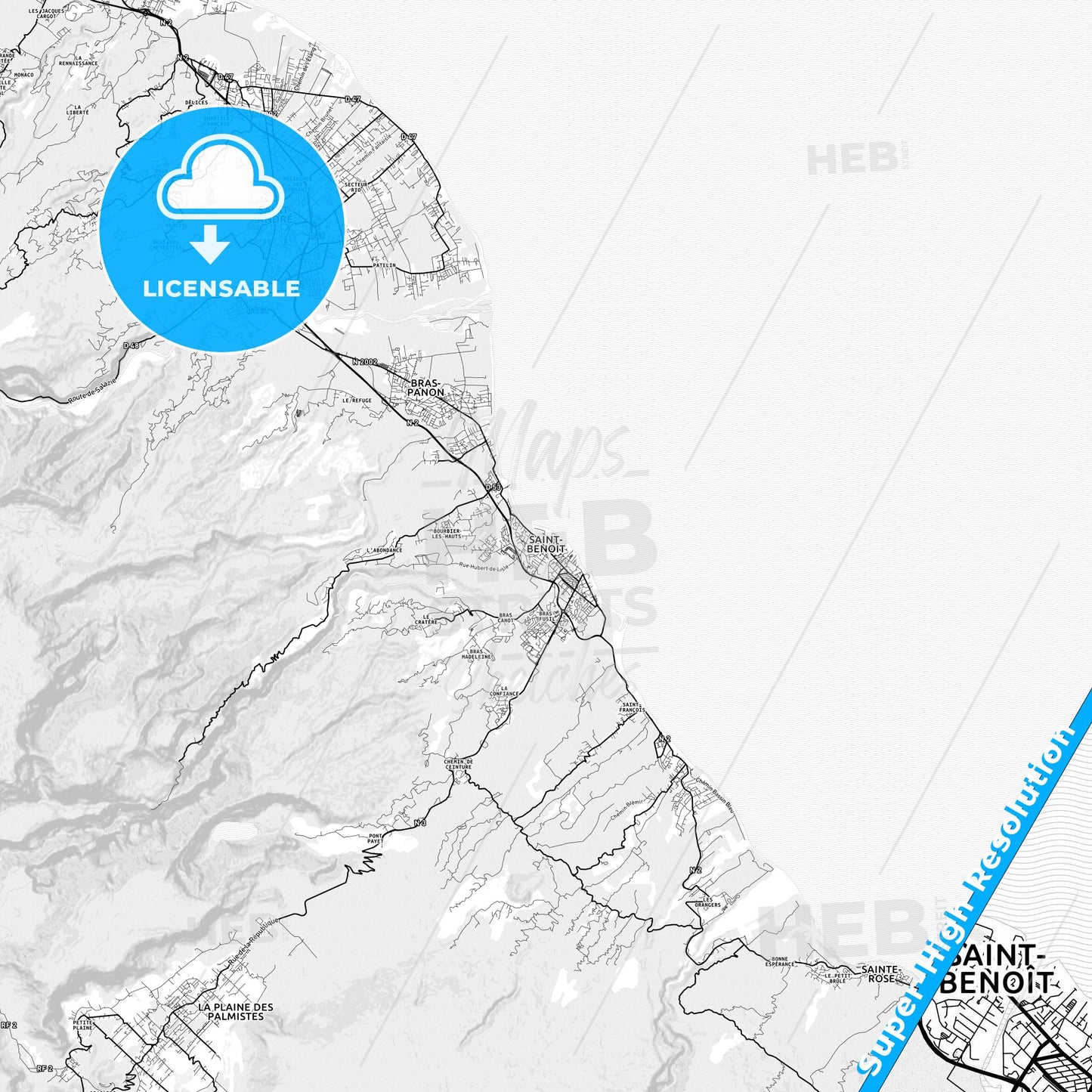 Saint-Benoît, France light map with streetnames, citynames and districts