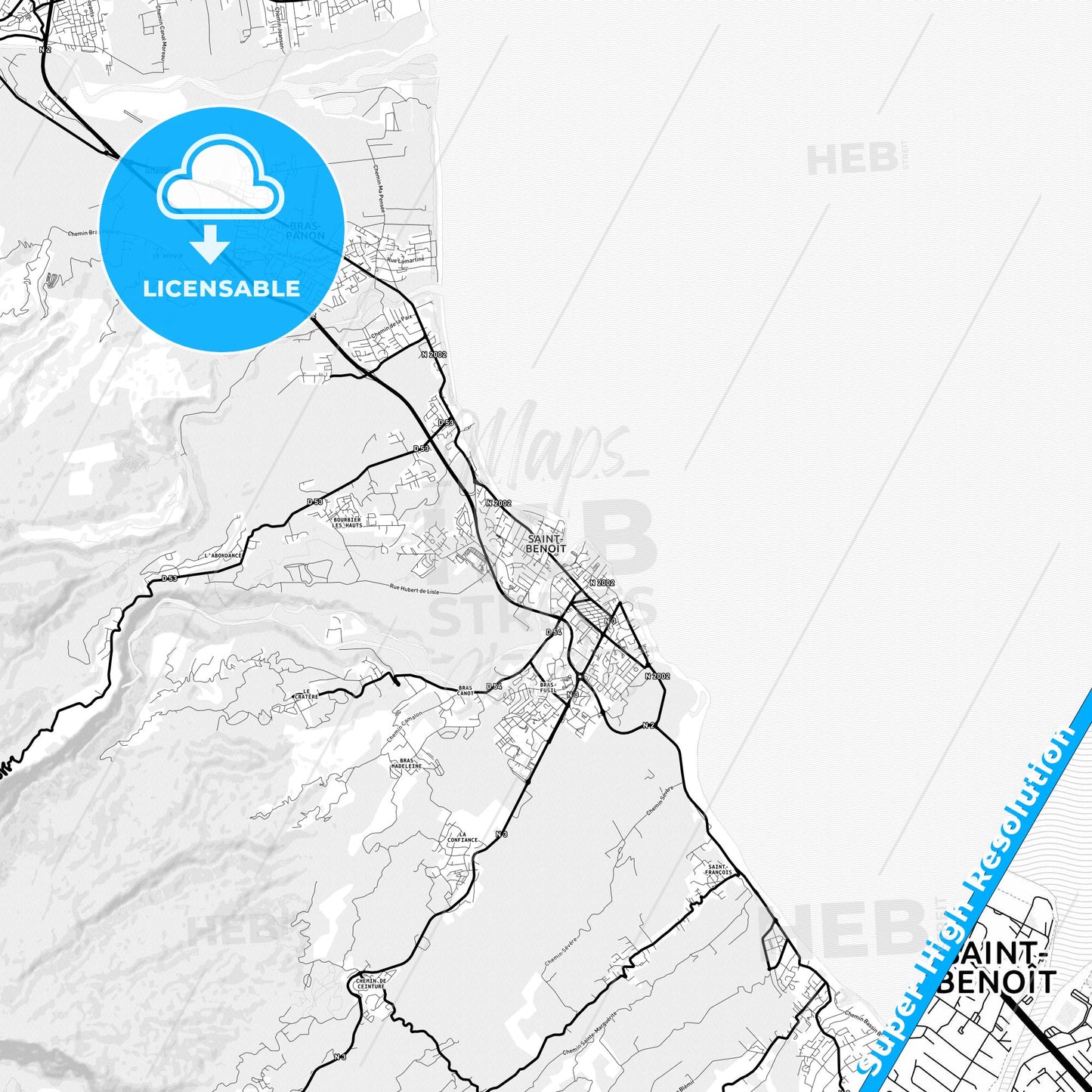 Saint-Benoît, France Light Map with Street Names, City Names, and Districts