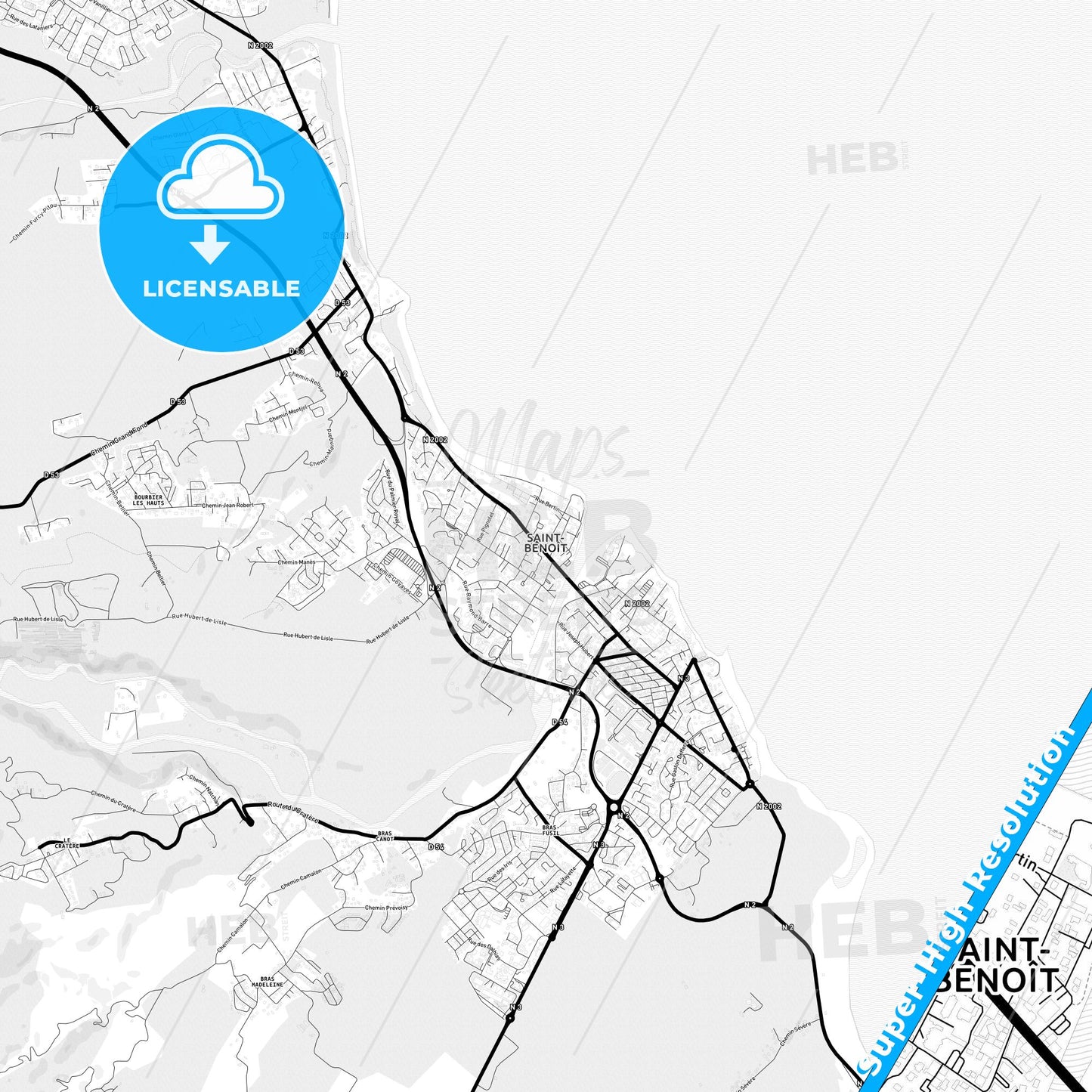 Saint-Benoît, France Light Map with Street Names, City Names, and Districts