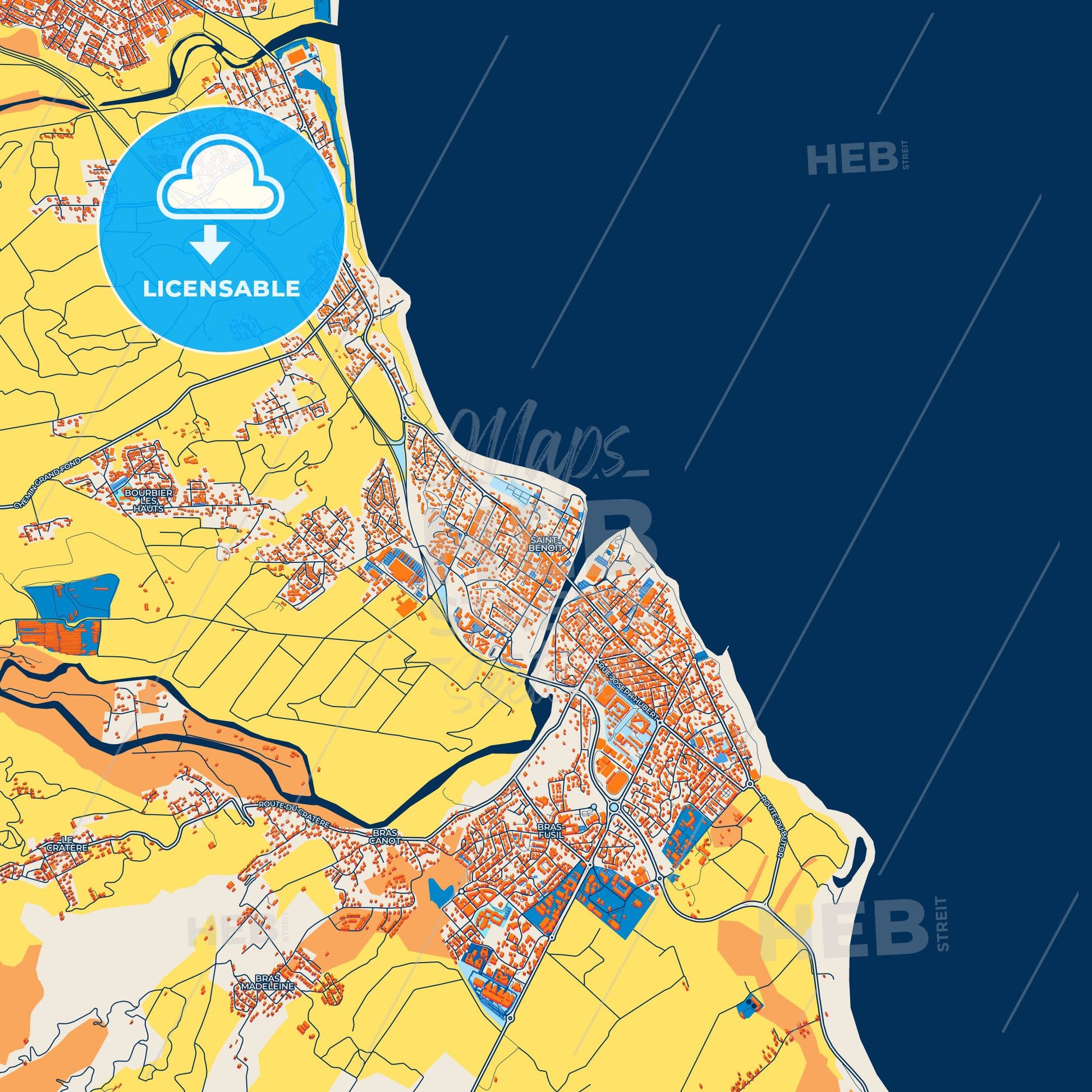 Colorful Saint-Benoît Street Map with Labels and Buildings