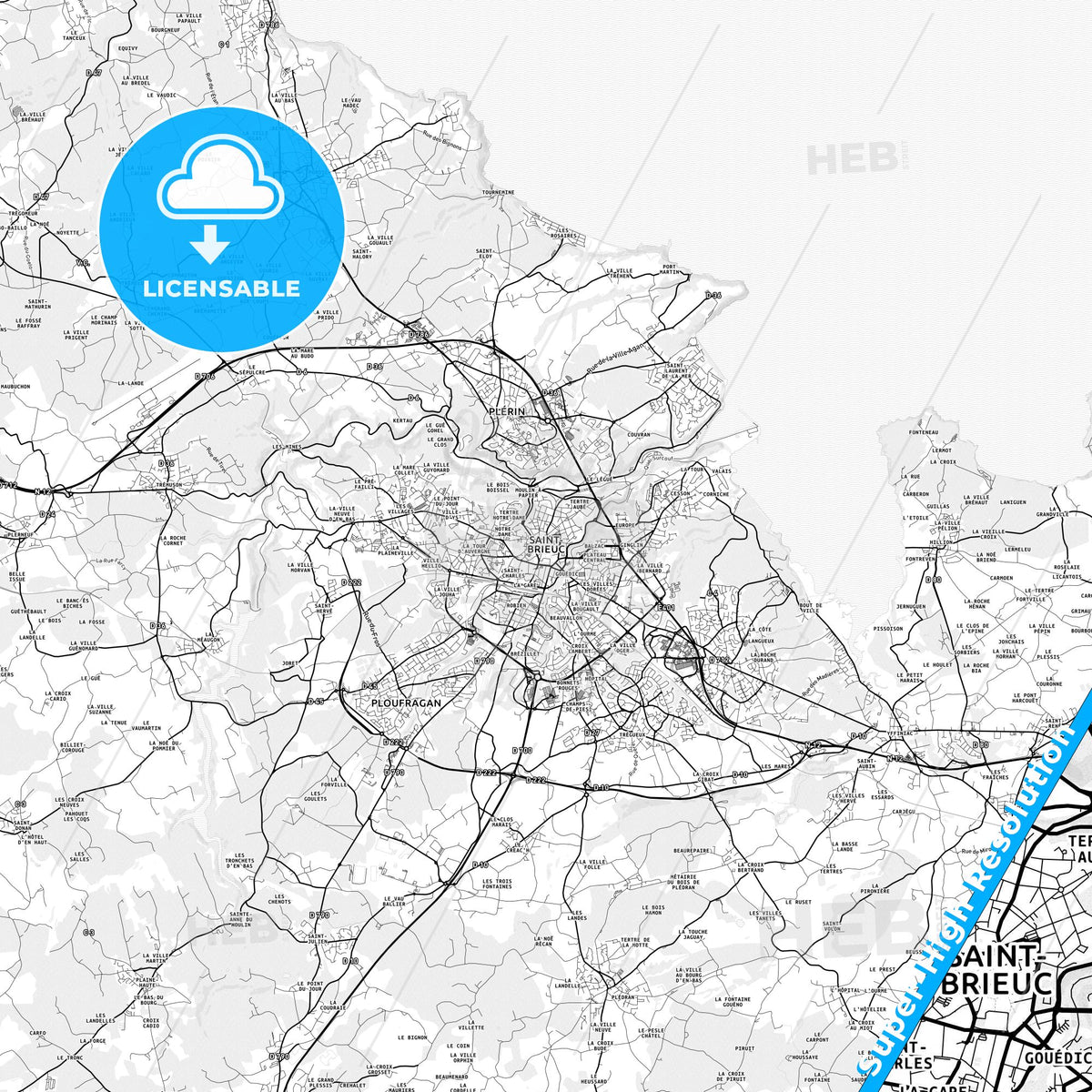 Saint-Brieuc, France light map with streetnames, citynames and districts