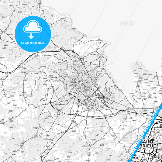 Saint-Brieuc, France light map with streetnames, citynames and districts
