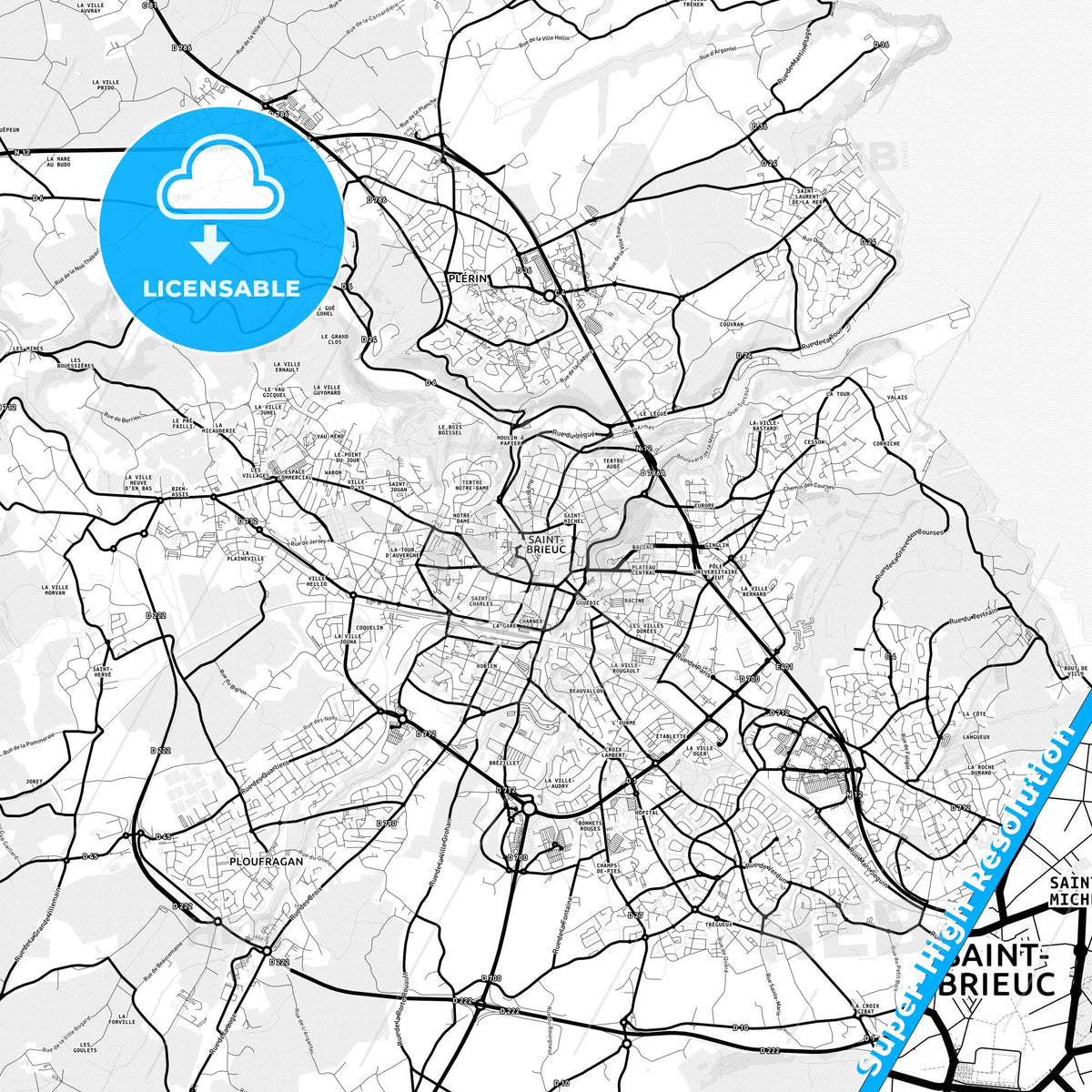 Saint-Brieuc, France Light Map with Street Names, City Names, and Districts