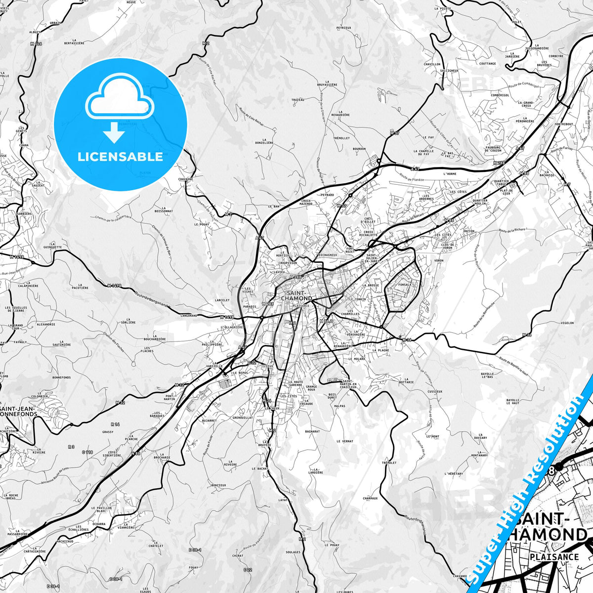 Saint-Chamond, France Light Map with Street Names, City Names, and Districts
