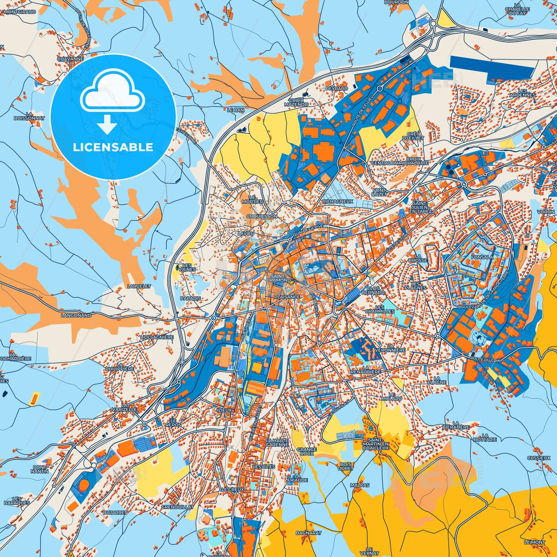 Colorful Saint-Chamond Street Map with Labels and Buildings