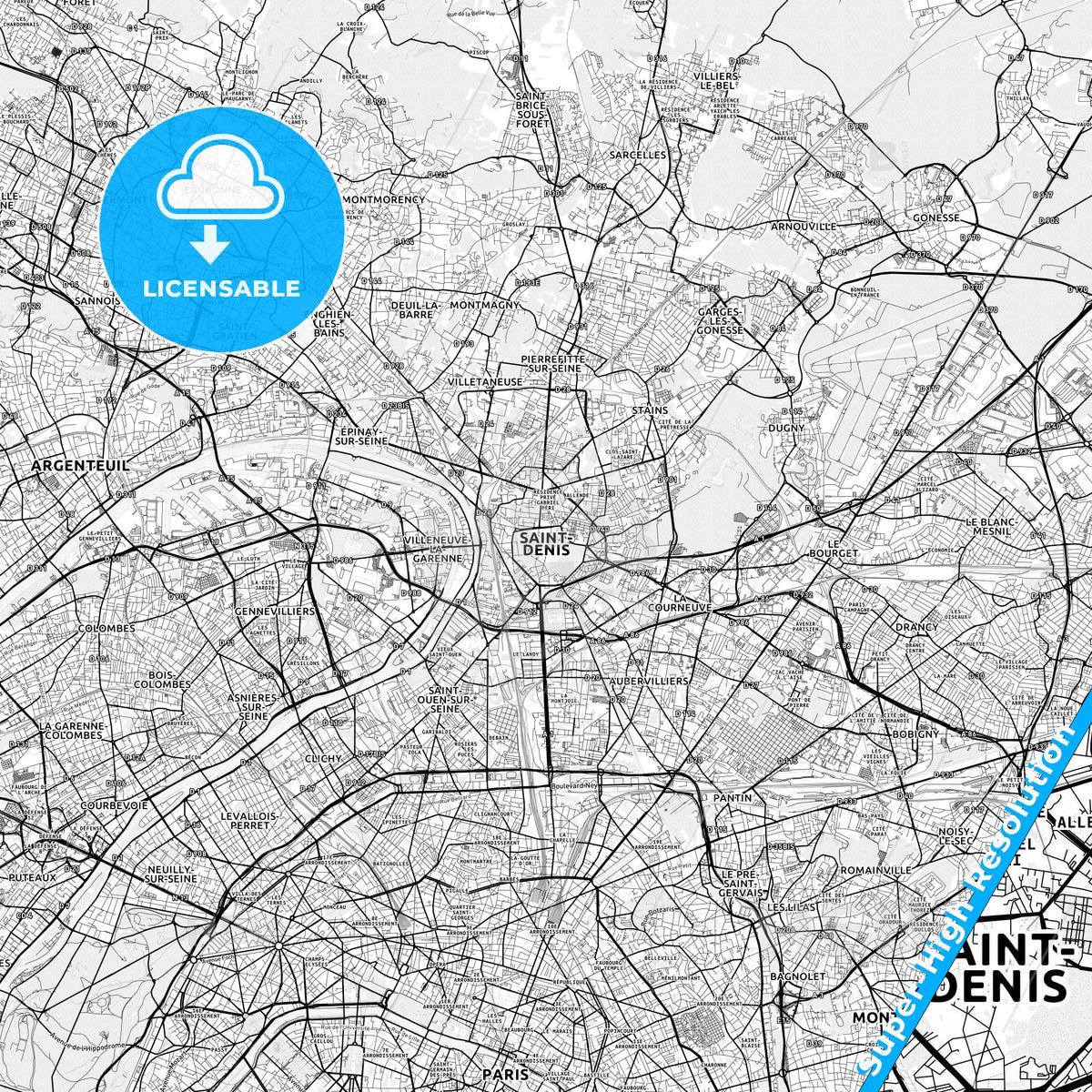 Saint-Denis, France light map with streetnames, citynames and districts