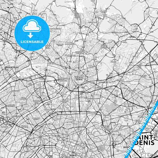Saint-Denis, France light map with streetnames, citynames and districts