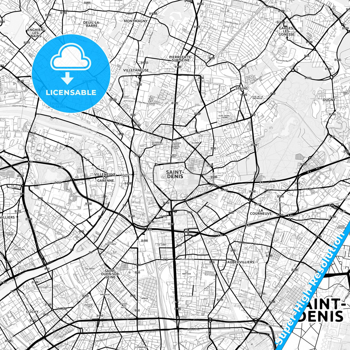 Saint-Denis, France Light Map with Street Names, City Names, and Districts