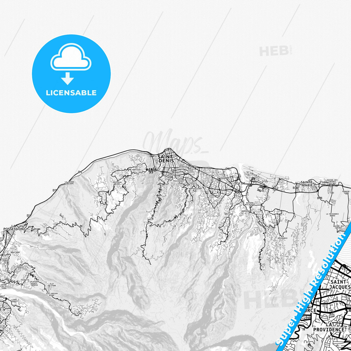 Saint-Denis, Reunion light map with streetnames, citynames and districts