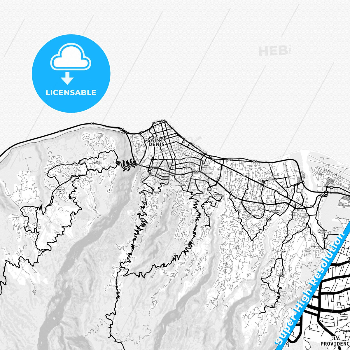 Saint-Denis, Reunion Light Map with Street Names, City Names, and Districts