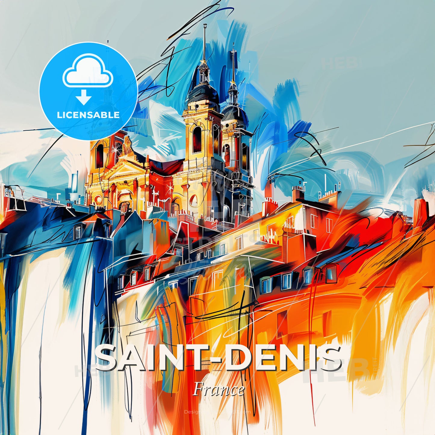 Vibrant Saint-Denis, France - A Painting Of A Building With Towers - Square format print template