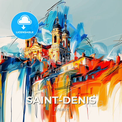 Vibrant Saint-Denis, France - A Painting Of A Building With Towers - Square format print template