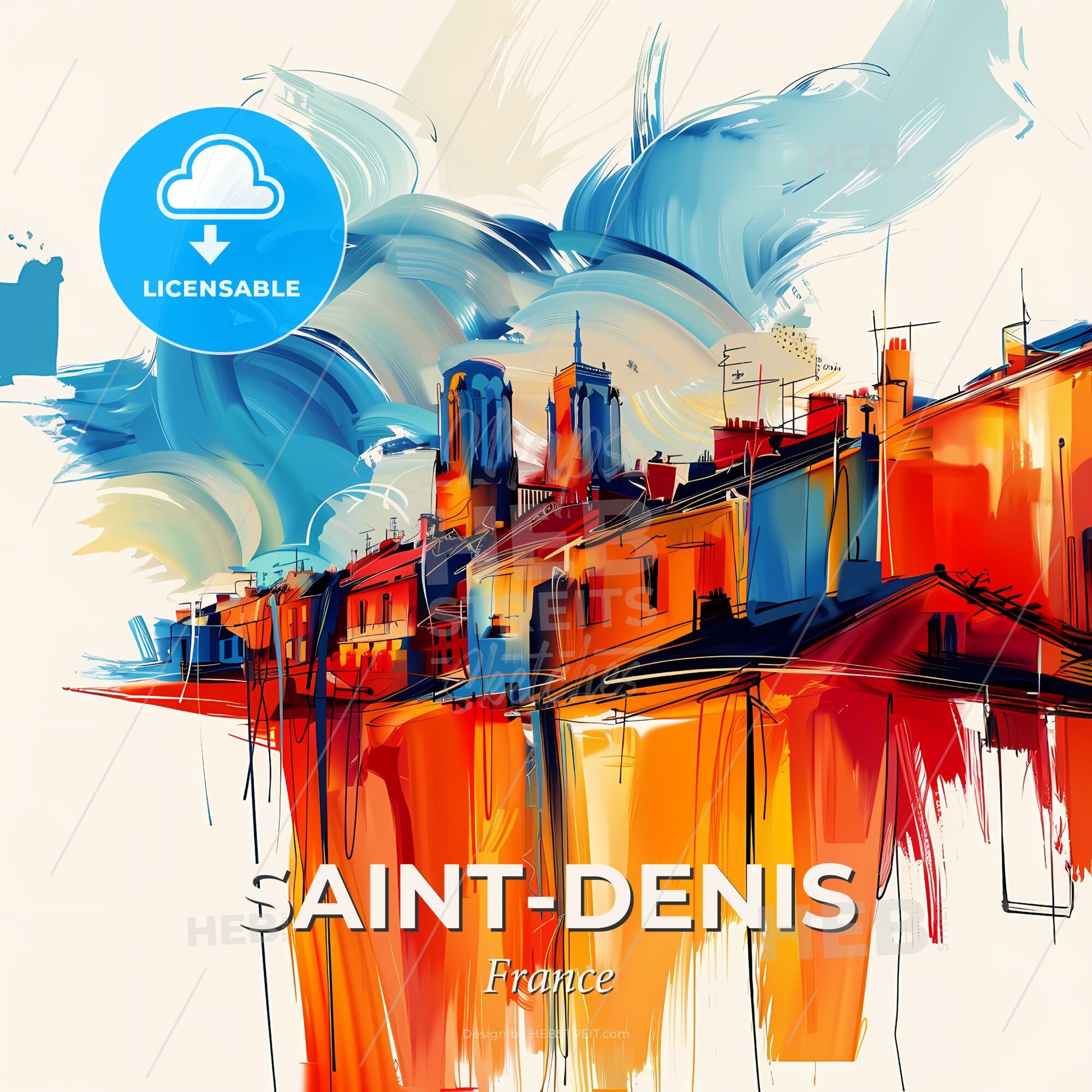Vibrant Saint-Denis, France - A Painting Of A Skyline With A Colorful Building - Square format print template