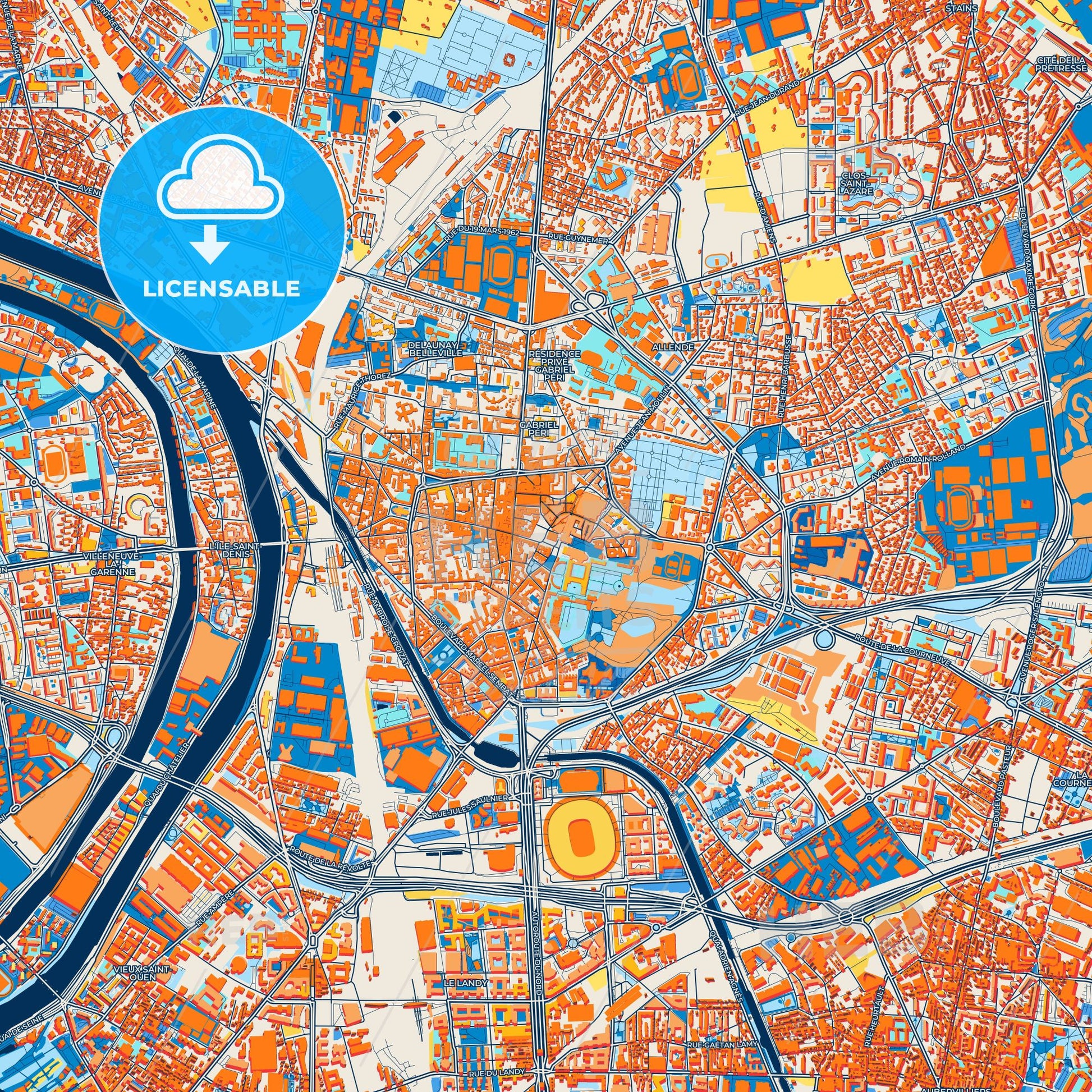 Colorful Saint-Denis Street Map with Labels and Buildings