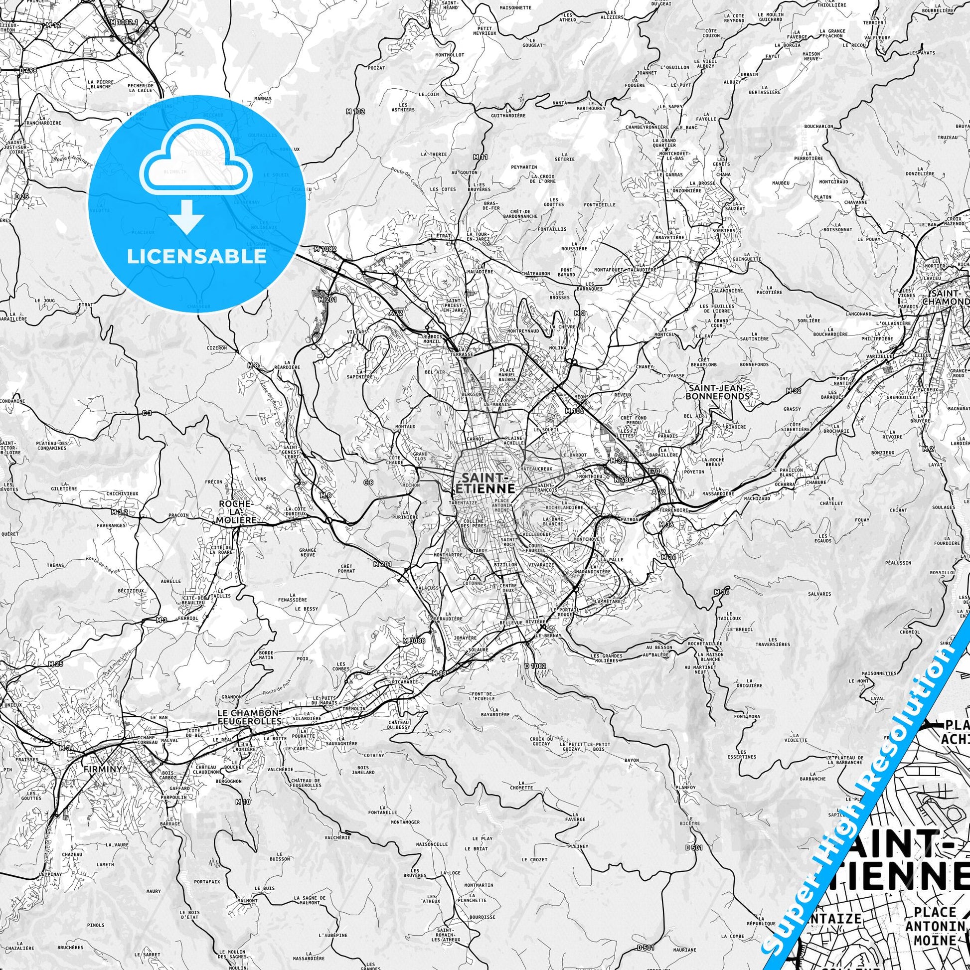 Saint-Étienne, France light map with streetnames, citynames and districts