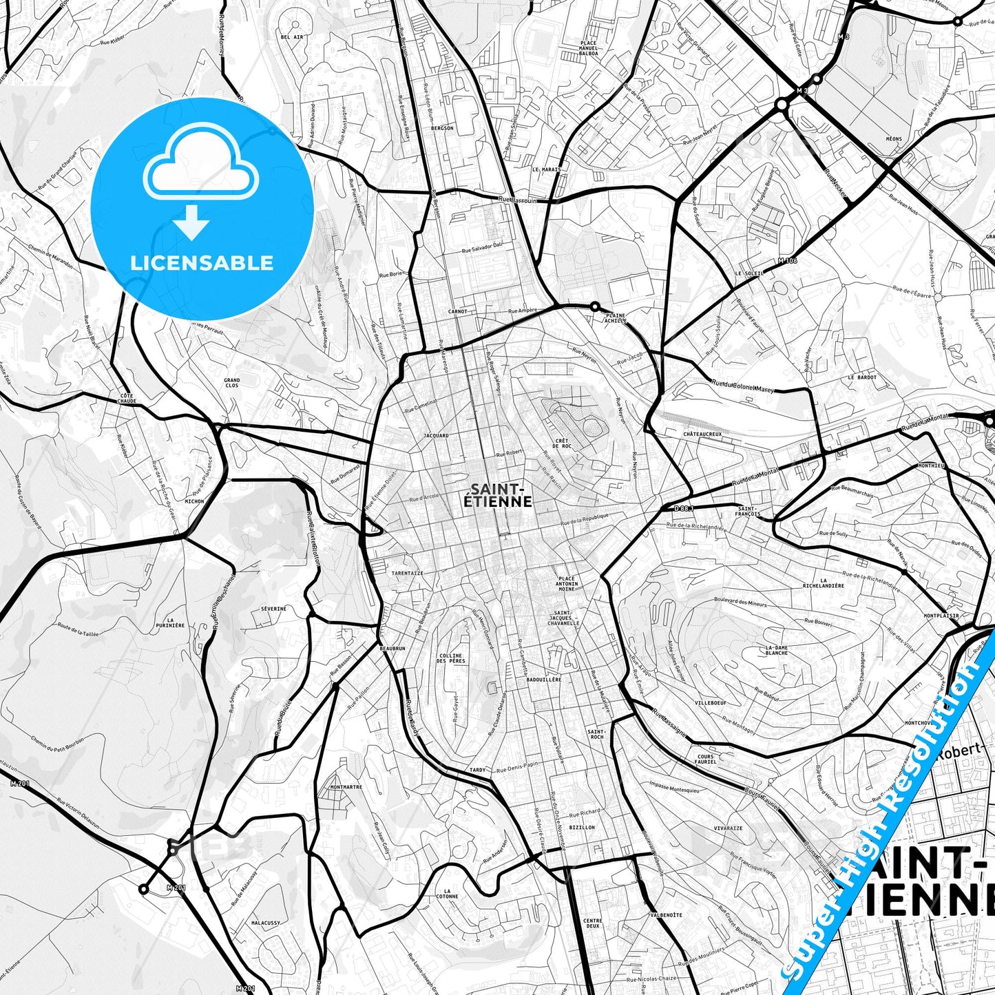 Saint-Étienne, France Light Map with Street Names, City Names, and Districts