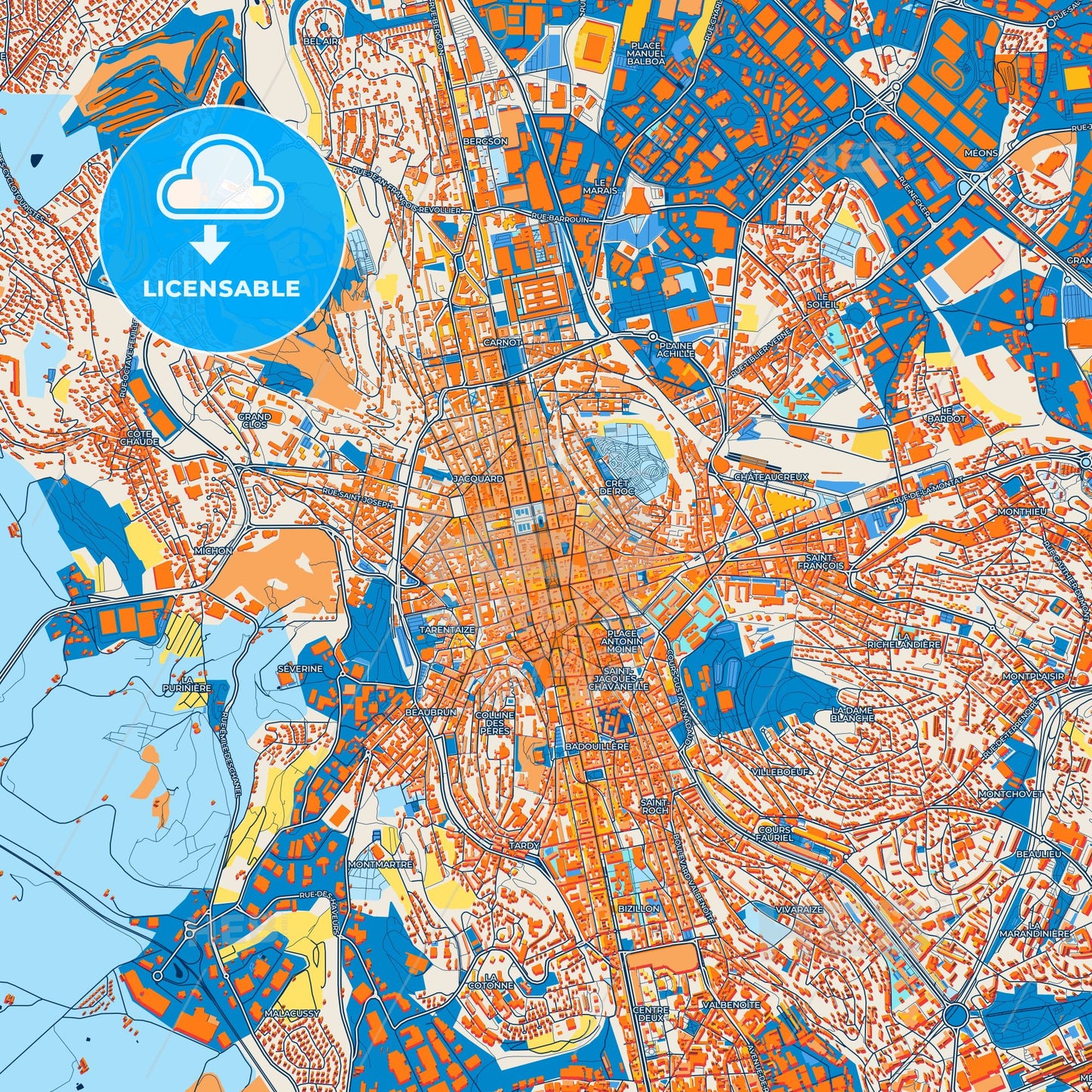 Colorful Saint-Étienne Street Map with Labels and Buildings