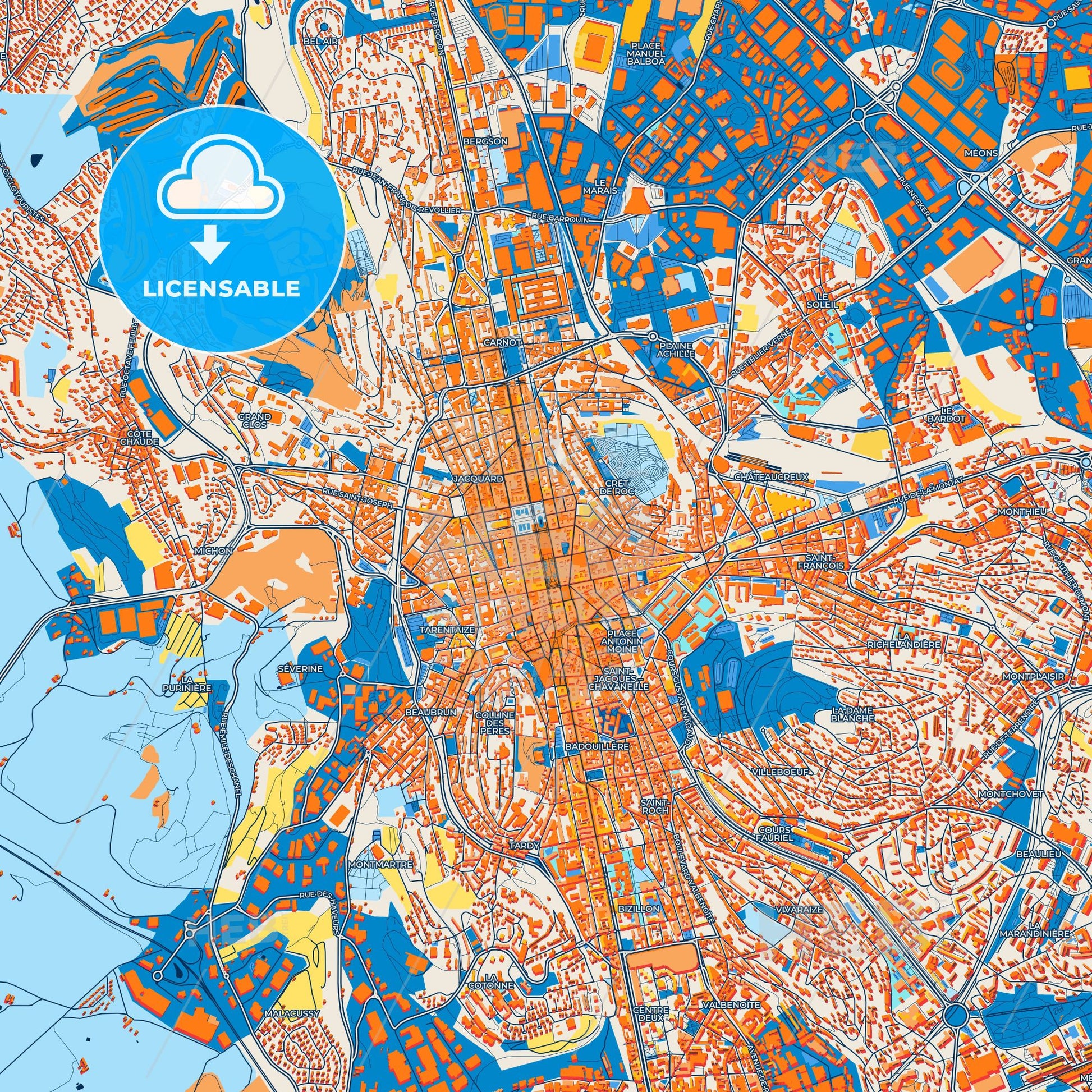 Colorful Saint-Étienne Street Map with Labels and Buildings
