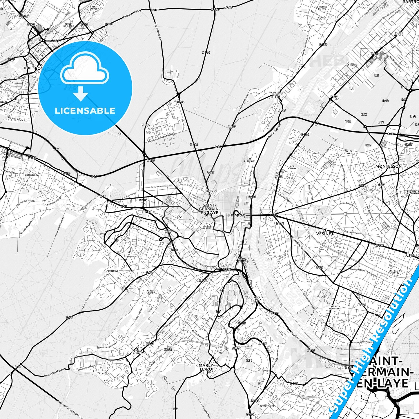 Saint-Germain-en-Laye, France Light Map with Street Names, City Names, and Districts