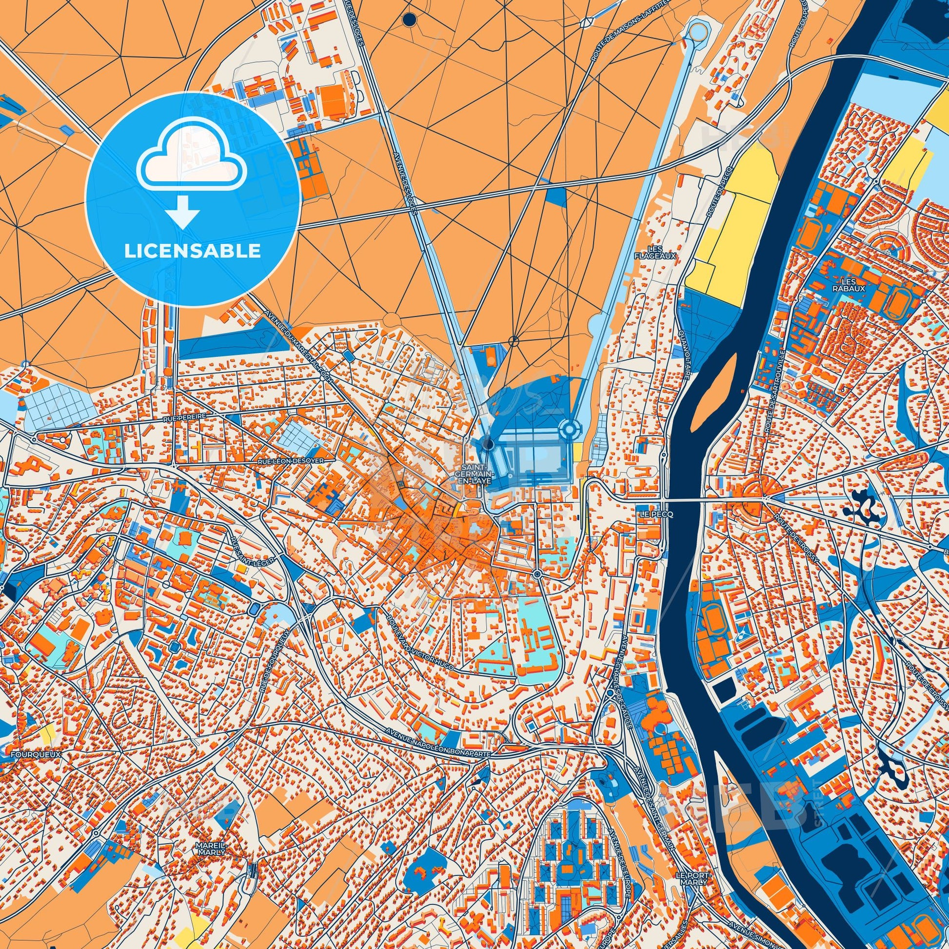 Colorful Saint-Germain-en-Laye Street Map with Labels and Buildings