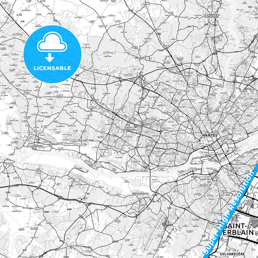 Saint-Herblain, France light map with streetnames, citynames and districts