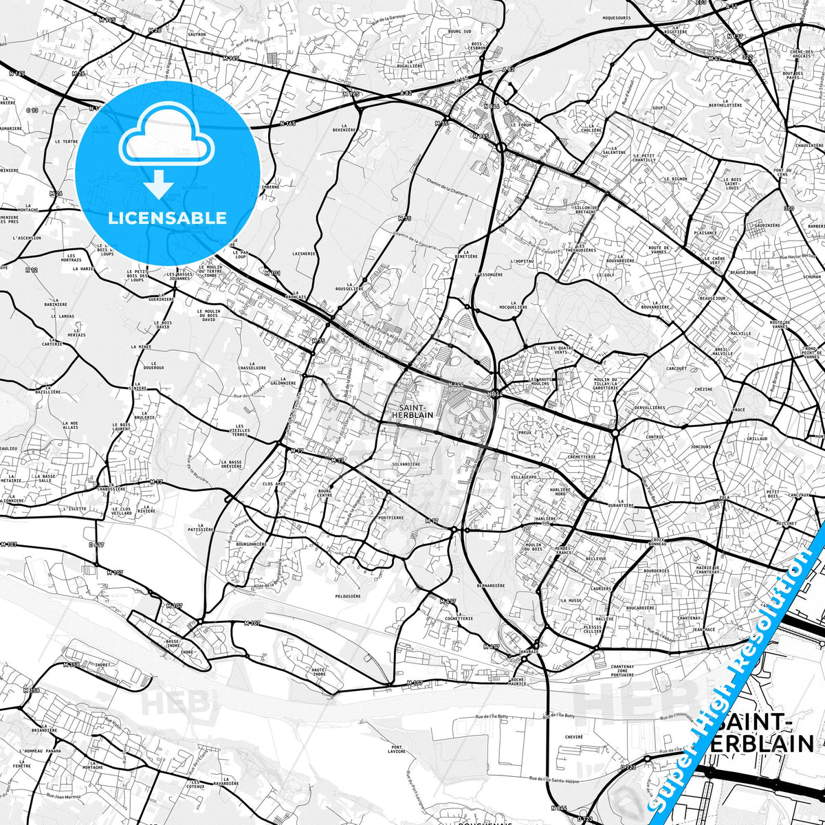 Saint-Herblain, France Light Map with Street Names, City Names, and Districts