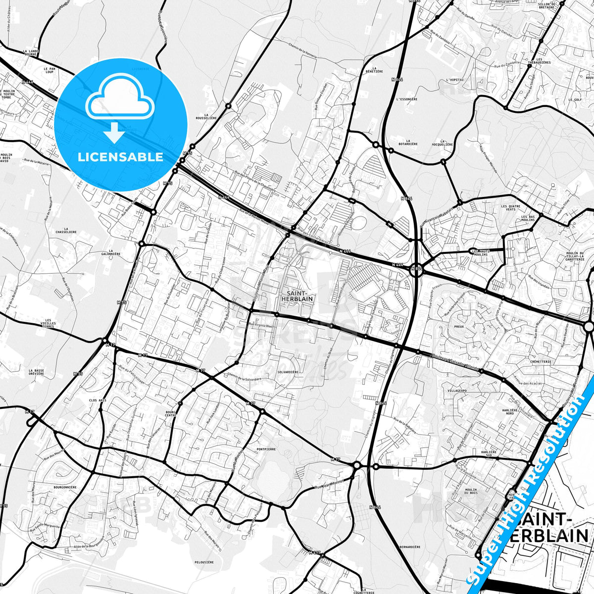 Saint-Herblain, France Light Map with Street Names, City Names, and Districts