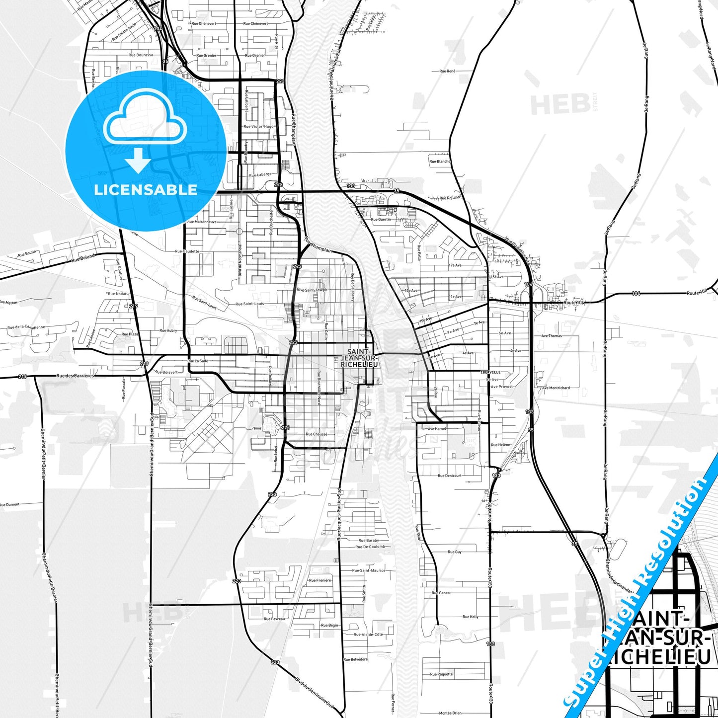 Saint-Jean-sur-Richelieu, Canada Light Map with Street Names, City Names, and Districts