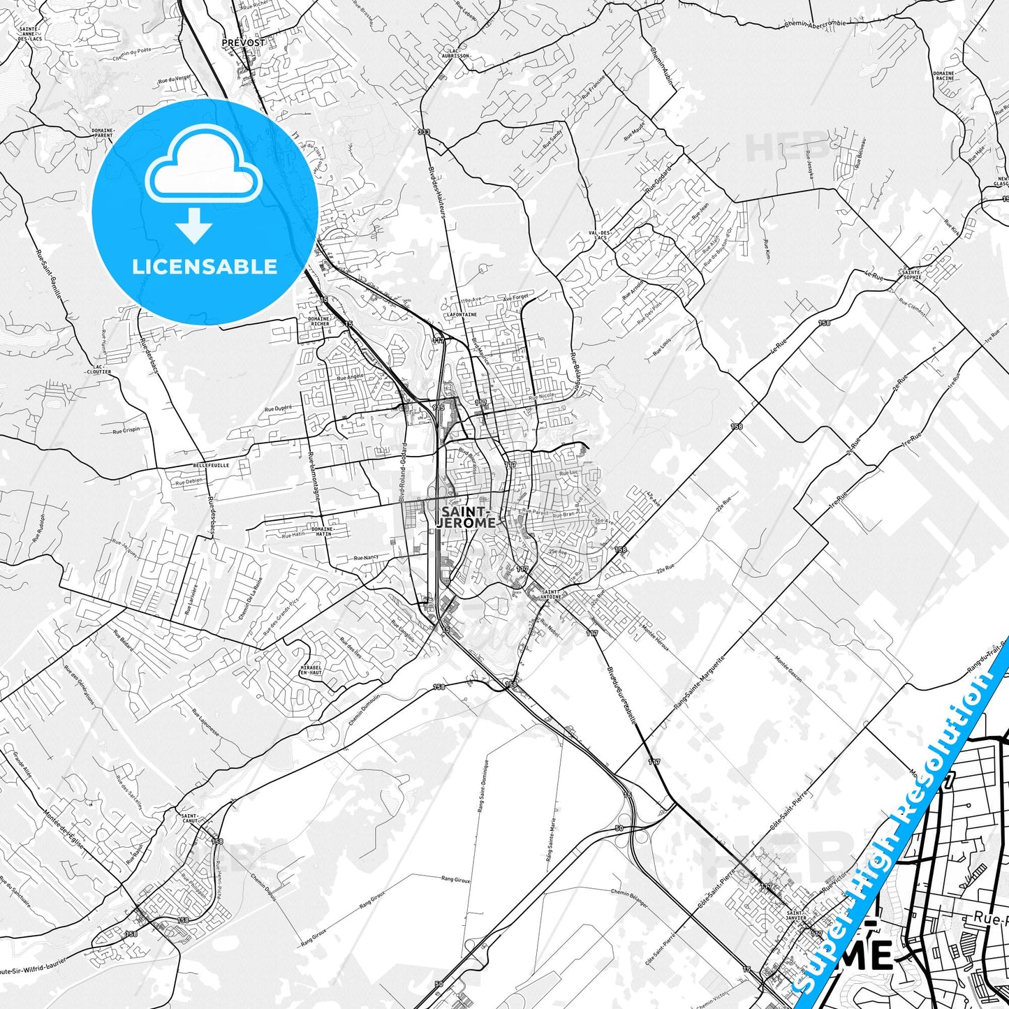Saint-Jérôme, Canada light map with streetnames, citynames and districts