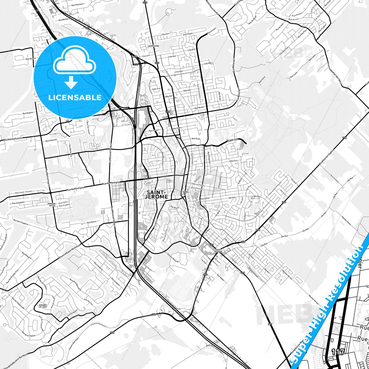 Saint-Jérôme, Canada Light Map with Street Names, City Names, and Districts