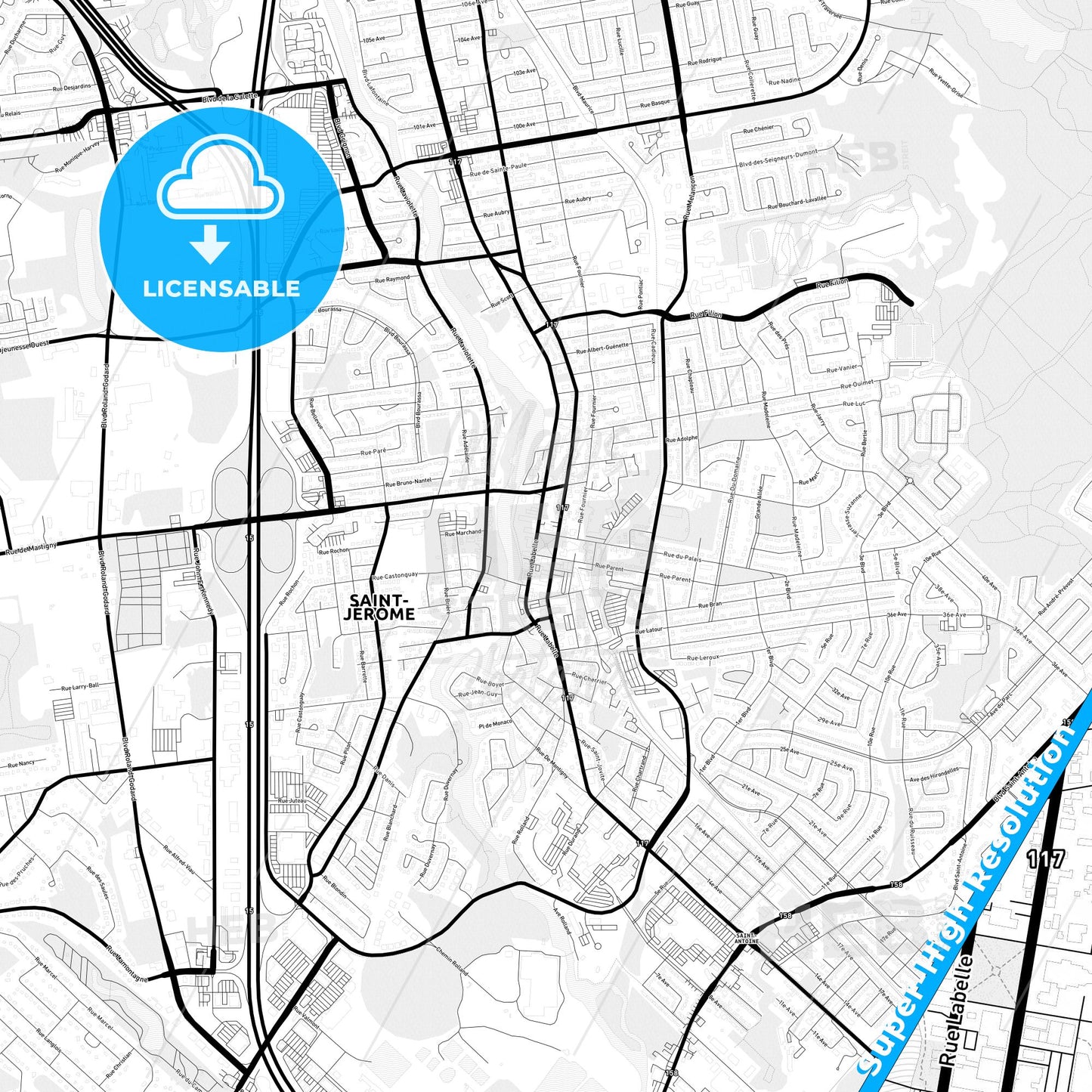 Saint-Jérôme, Canada Light Map with Street Names, City Names, and Districts