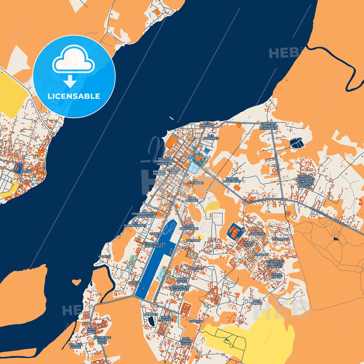 Colorful Saint-Laurent-du-Maroni Street Map with Labels and Buildings