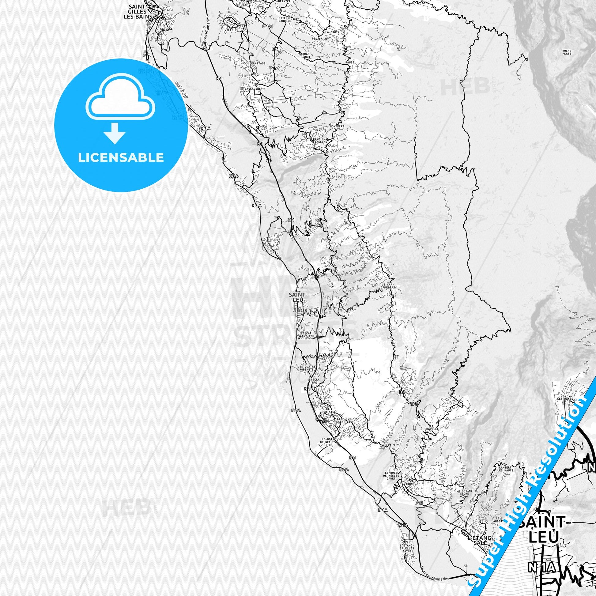Saint-Leu, France light map with streetnames, citynames and districts
