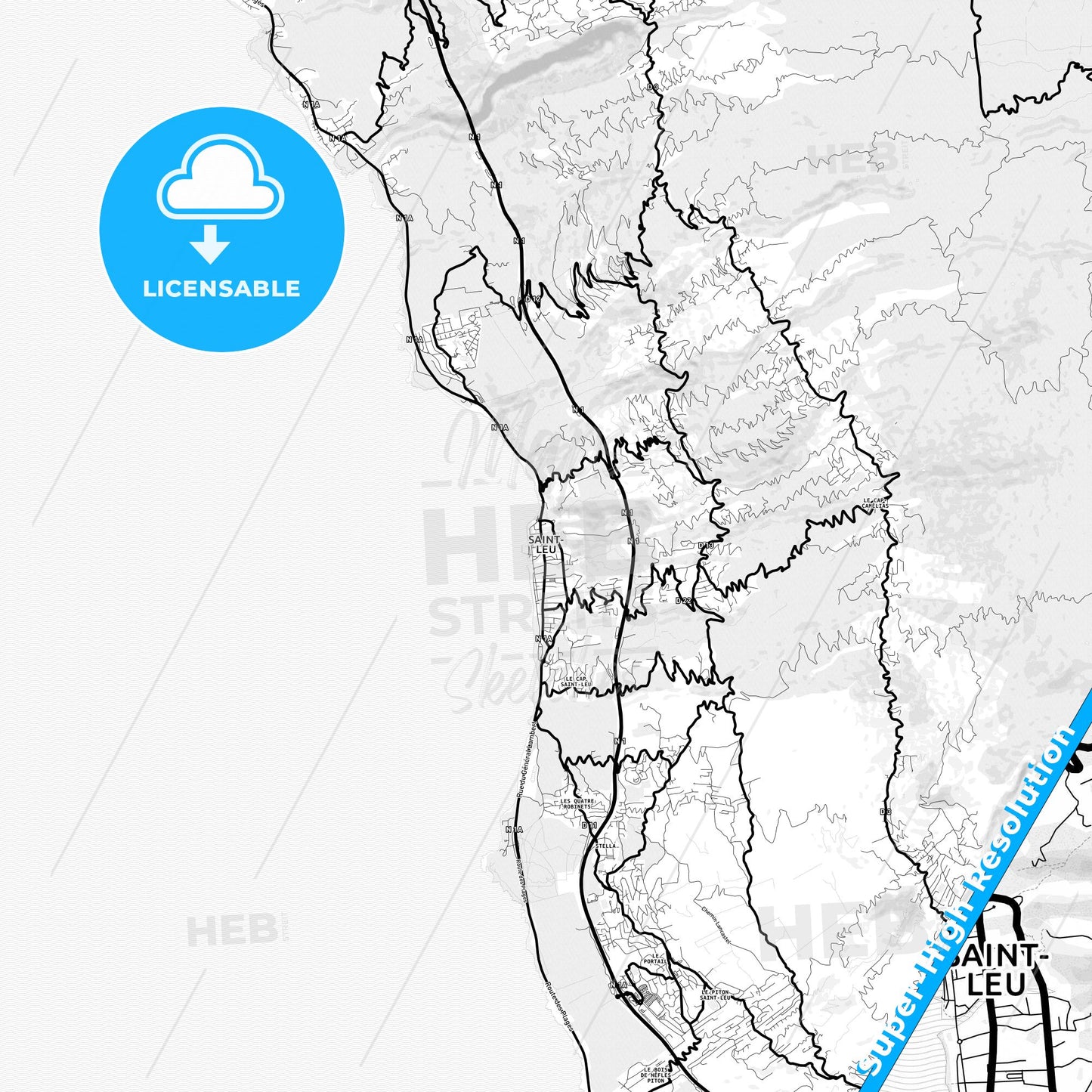 Saint-Leu, France Light Map with Street Names, City Names, and Districts
