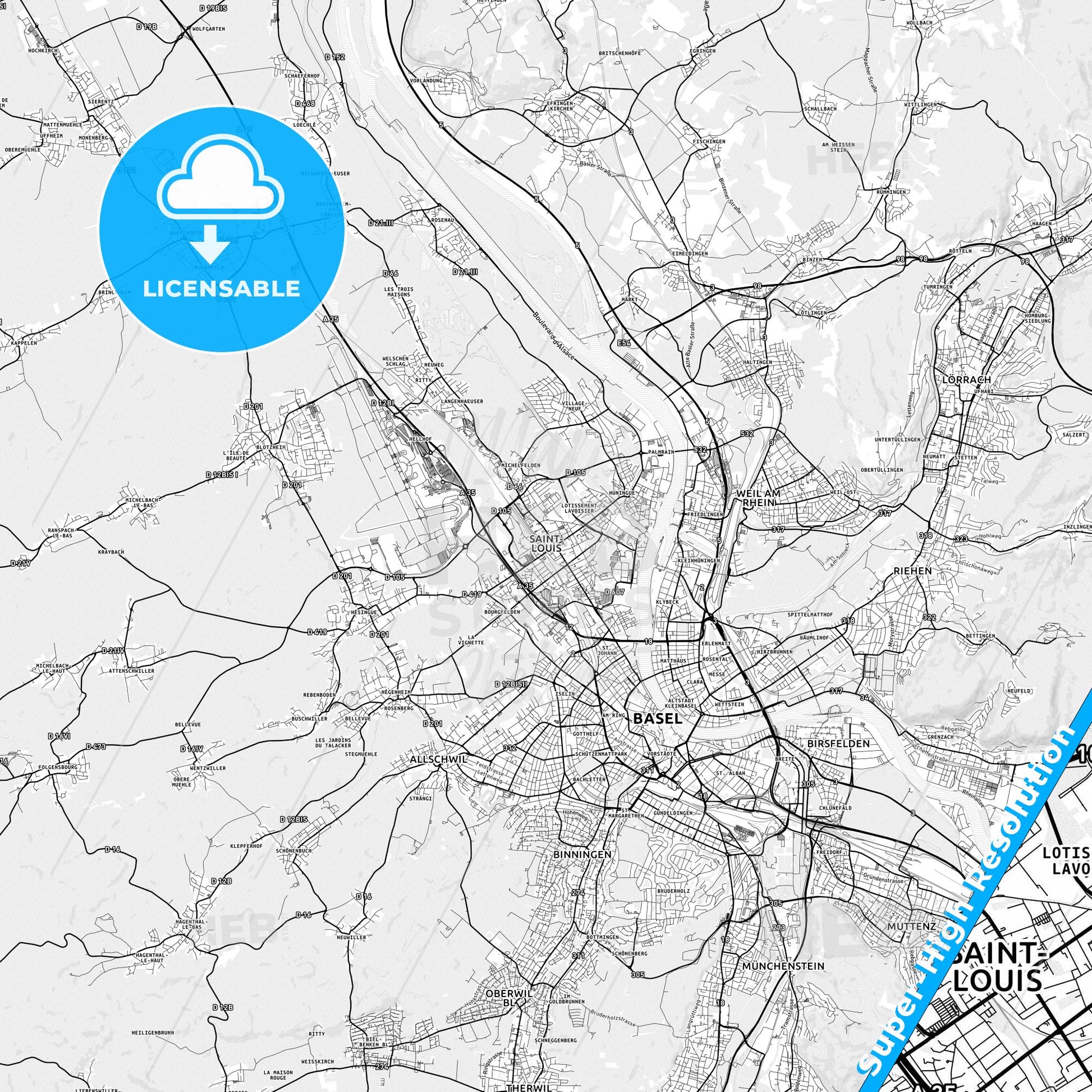 Saint-Louis, France light map with streetnames, citynames and districts
