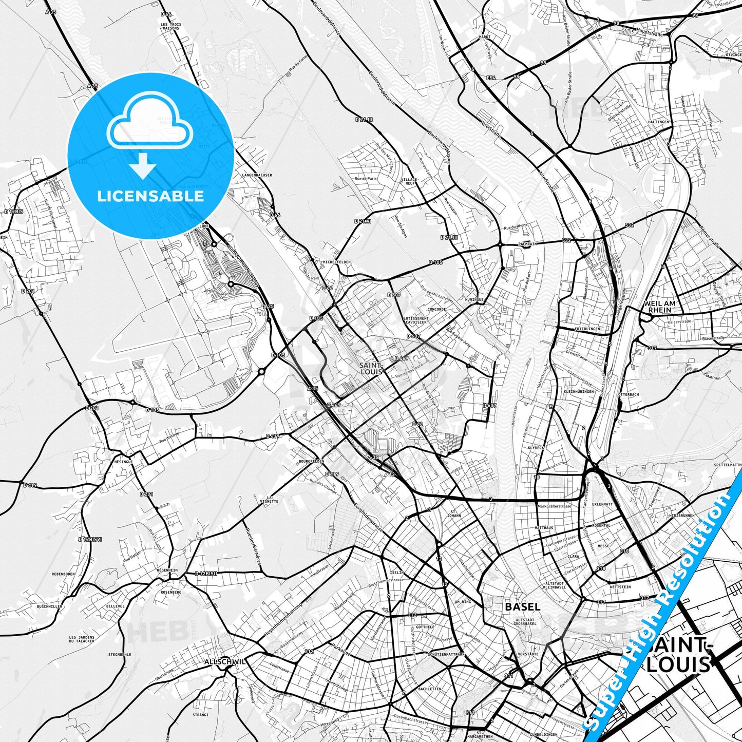 Saint-Louis, France Light Map with Street Names, City Names, and Districts