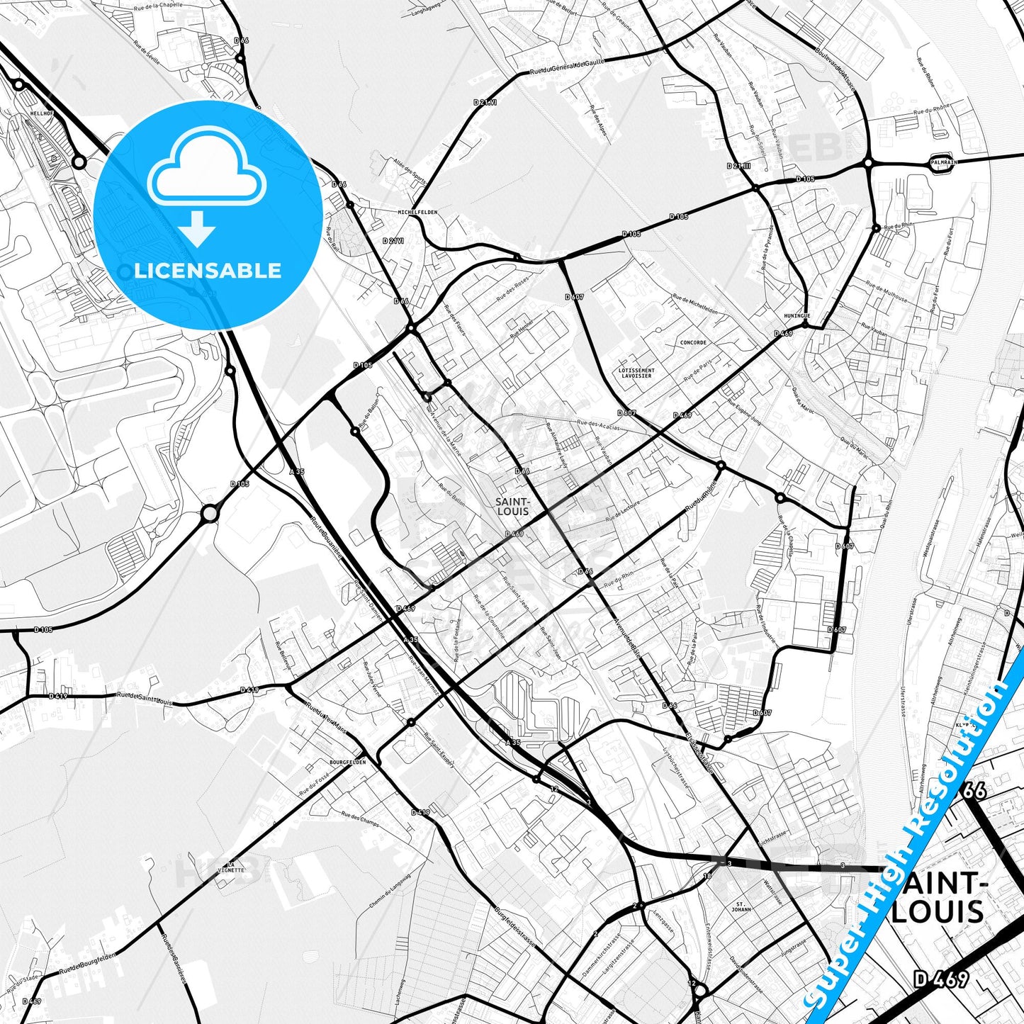 Saint-Louis, France Light Map with Street Names, City Names, and Districts
