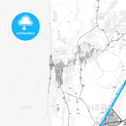 Saint-Louis, Senegal light map with streetnames, citynames and districts