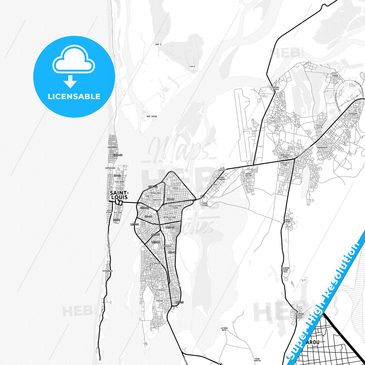 Saint-Louis, Senegal Light Map with Street Names, City Names, and Districts