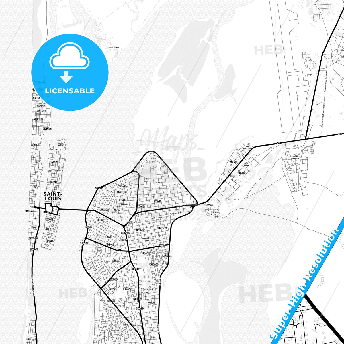 Saint-Louis, Senegal Light Map with Street Names, City Names, and Districts