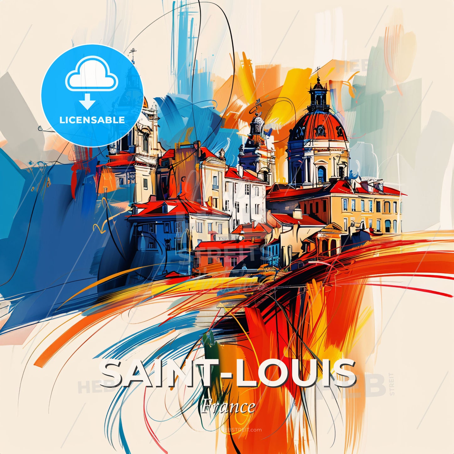 Vibrant Saint-Louis, France - A Painting Of A Building With A Colorful Background - Square format print template