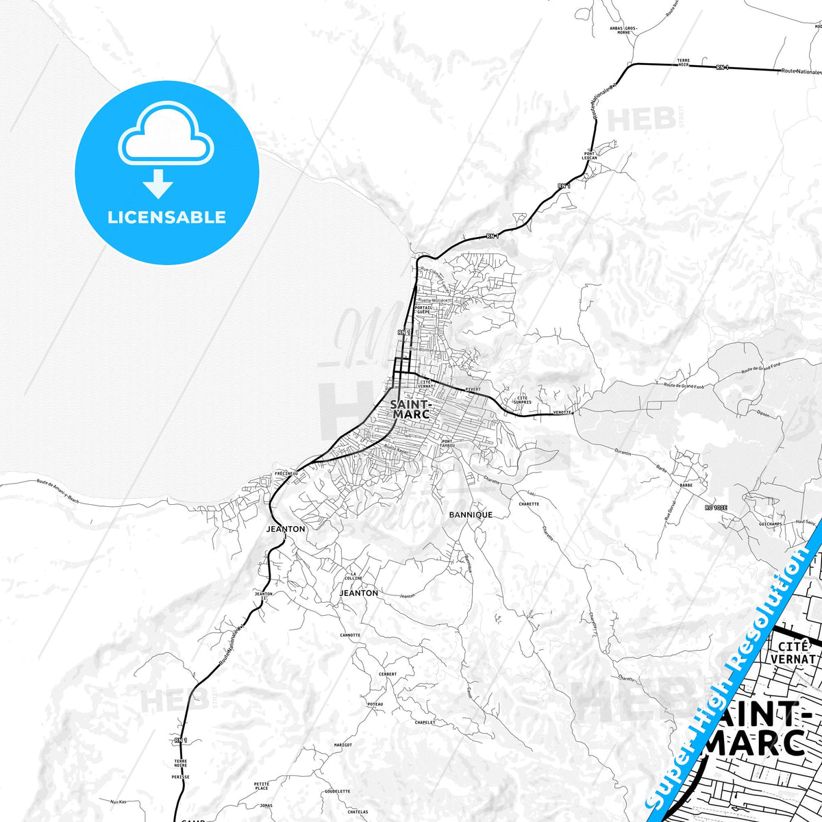 Saint-Marc, Haiti Light Map with Street Names, City Names, and Districts