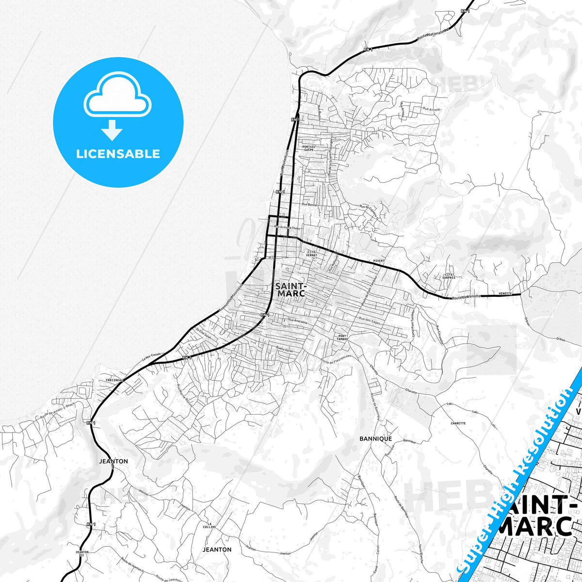 Saint-Marc, Haiti Light Map with Street Names, City Names, and Districts