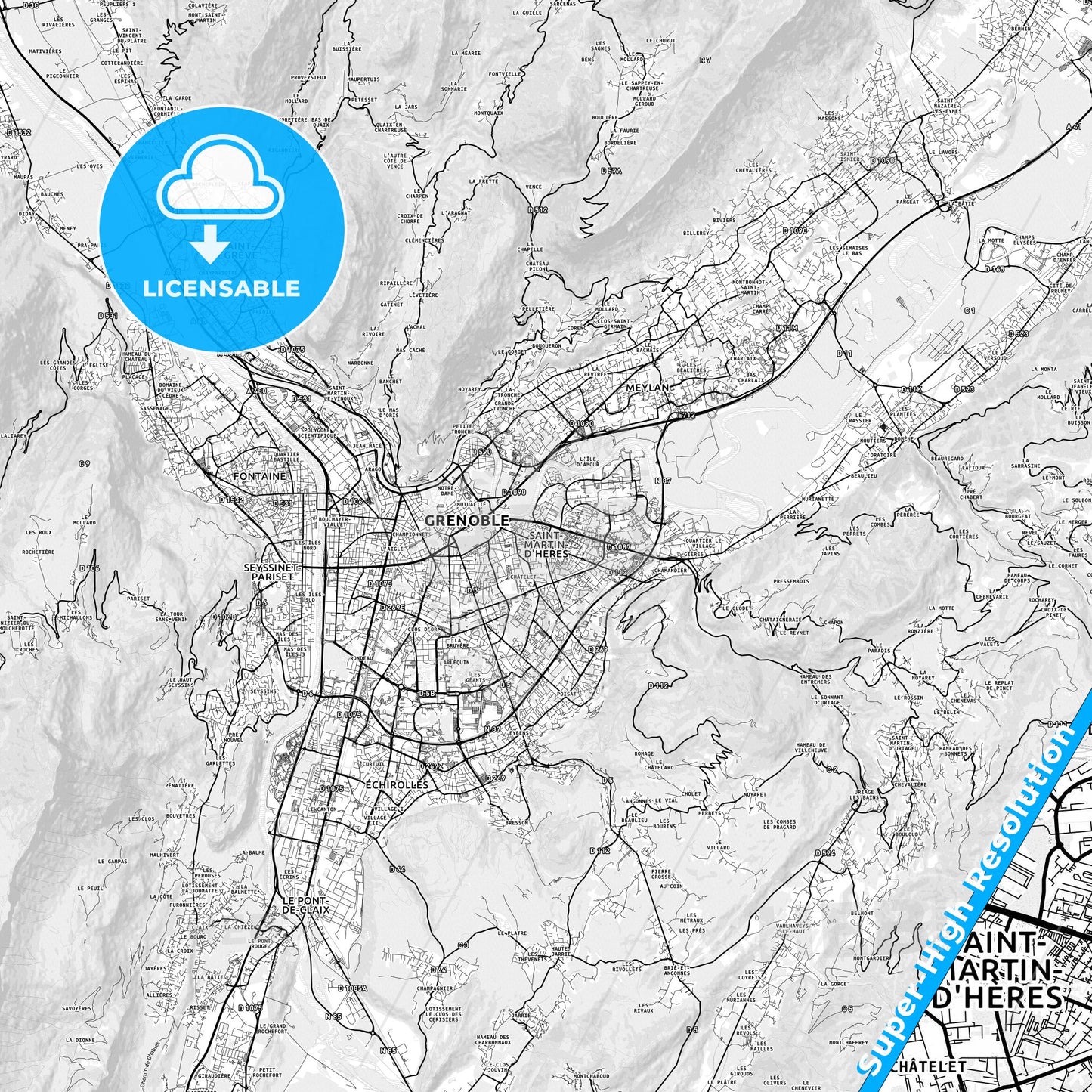 Saint-Martin-d Hères, France light map with streetnames, citynames and districts