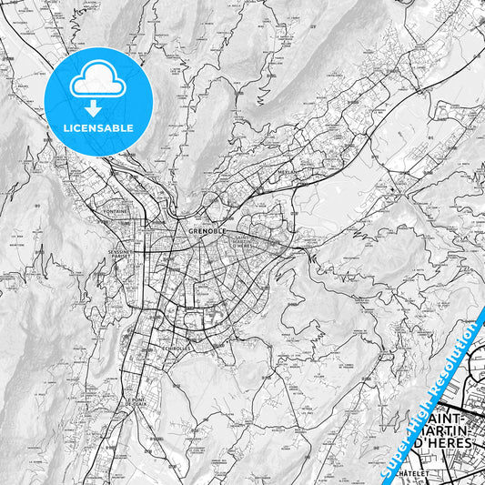 Saint-Martin-d Hères, France light map with streetnames, citynames and districts