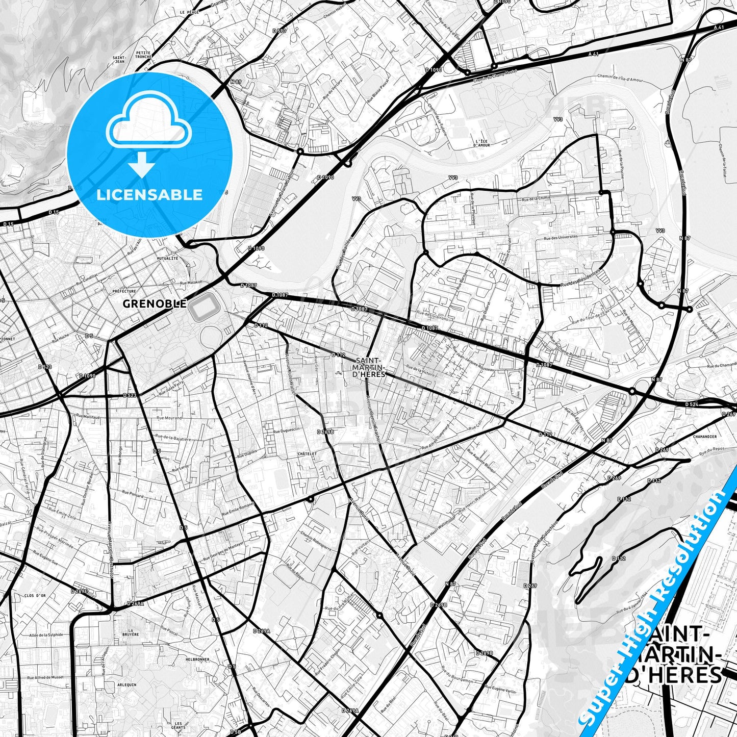 Saint-Martin-d Hères, France Light Map with Street Names, City Names, and Districts
