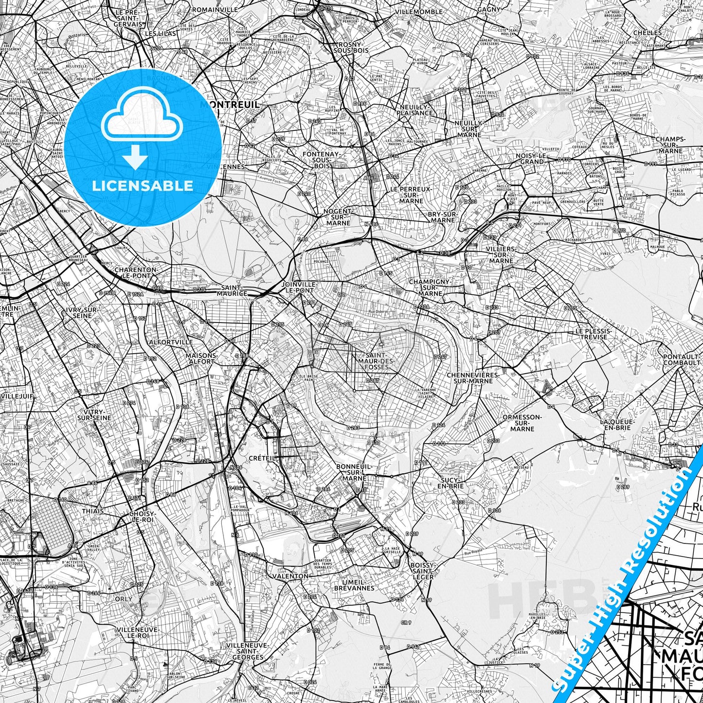 Saint-Maur-des-Fossés, France light map with streetnames, citynames and districts
